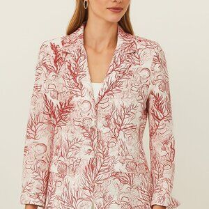 COLDWATER CREEK Coral Sea Life Ocean Print Red & White Beaded Blazer Size 10